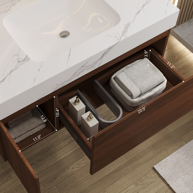 Meuble-lavabo suspendu de 91 cm (36 po) avec dessus en pierre frittée sans joint et lavabo en céramique – 1 tiroir à fermeture douce + 1 armoire, fixation murale