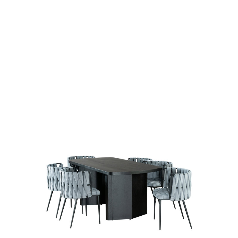 Vistra Dining Table 7-Piece Set with Sculptural Base and Woven Upholstery Chairs – Rectangular Modern Dining Set, Black, Grey