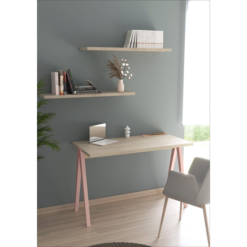 Dikili Solid Wood Base Writing Desk, Light Oak/Pink