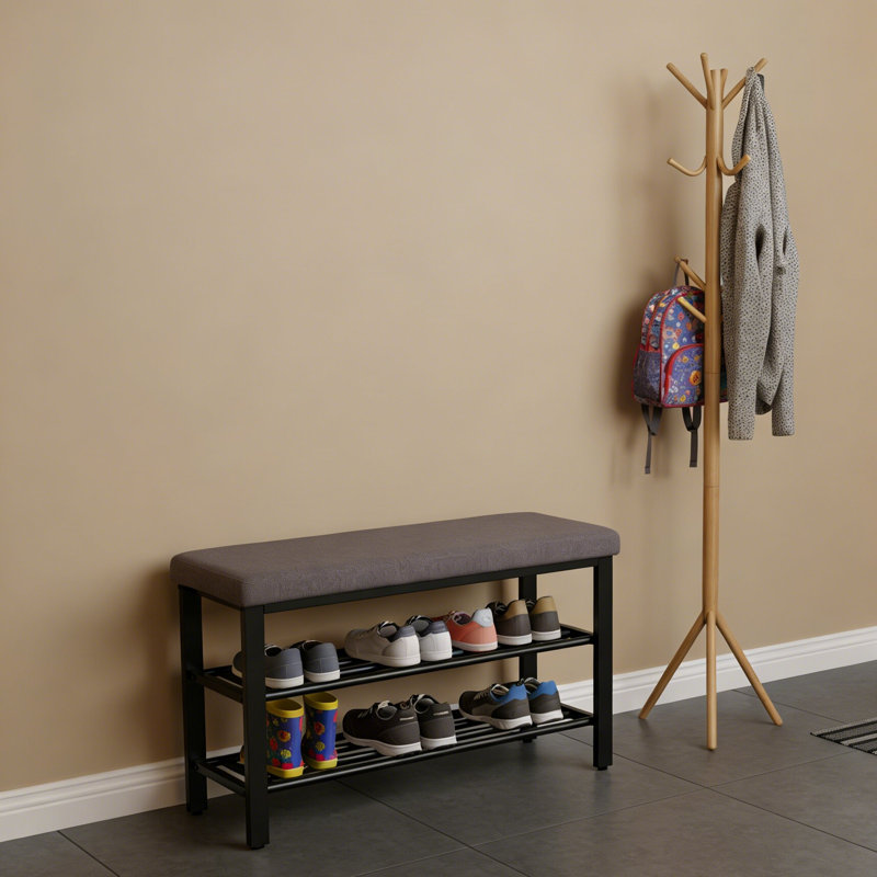 Petit banc à chaussures de style moderne, étagère à chaussures à 3 niveaux, avec coussin de siège en polyuréthane et tablettes en maille métallique