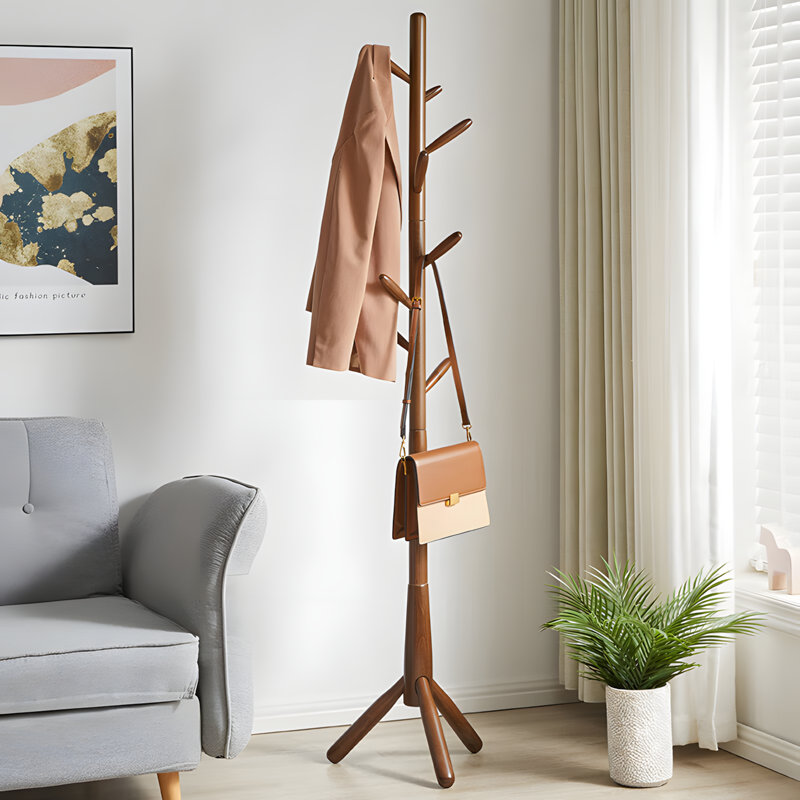 Solid Wood Coat Rack For Bedroom, Freestanding Clothes Hanger With Multiple Hooks, Sturdy And Space-Saving Garment Organizer For Home
