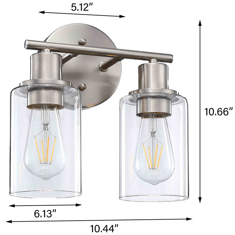 Berumen Bathroom Glass Vanity Light, Brushed Nickel, Clear, 2 Lights