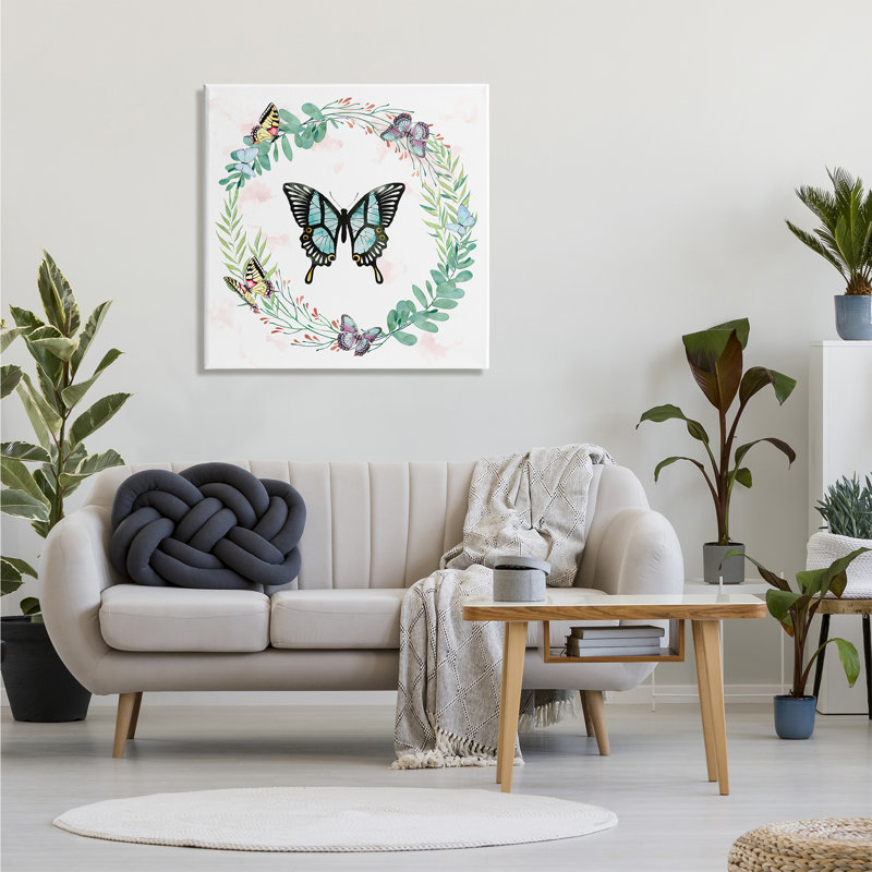«Butterflies In Spring Botanical Wreathe Soft Green» par Ziwei Li - impression d'art graphique, H 30 po x l 30 po x P 1,5 po