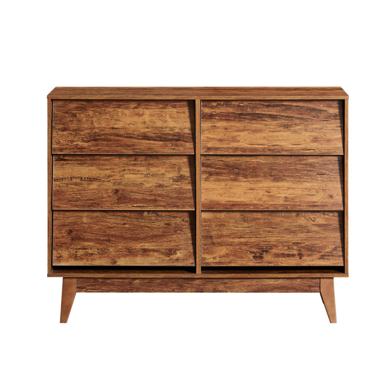 La commode double 6 tiroirs présente un style rétro et un design biseauté