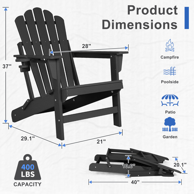 Chaise Adirondack pliable en PEHD pour l'extérieur avec porte-gobelet, Noir, 1