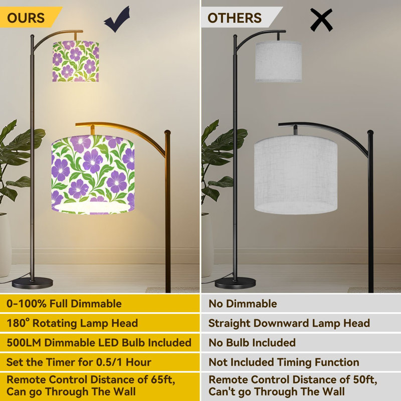  Lampe sur pied Arc Vibrant Fleurs mauves Feuilles vertes Grande lampe sur pied moderne DEL Abat-jour réglable en lin 3 températures de couleur