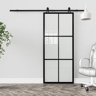 Porte de grange coulissante en aluminium et verre dépoli noir à 6 carreaux (91,4 cm x 213,4 cm) avec quincaillerie d'installation