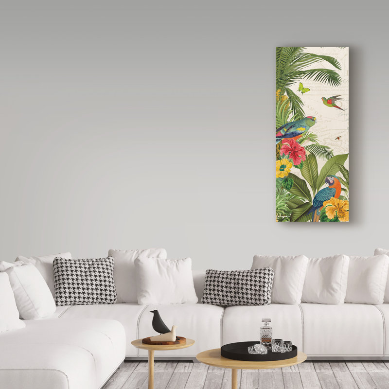 « perroquet paradise vi », reproduction de peinture à l’acrylique sur toile tendue, H 47 po x l 20 po x P 2 po
