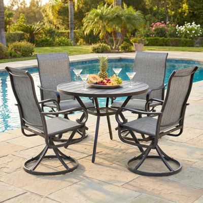 5-piece Patio Dining Set For 4, 4 Swivel Chairs & 42" Round Metal Table With Umbrella Hole, All-weather Outdoor Dining Furniture Set For Deck, Lawn, Backyard & Porch