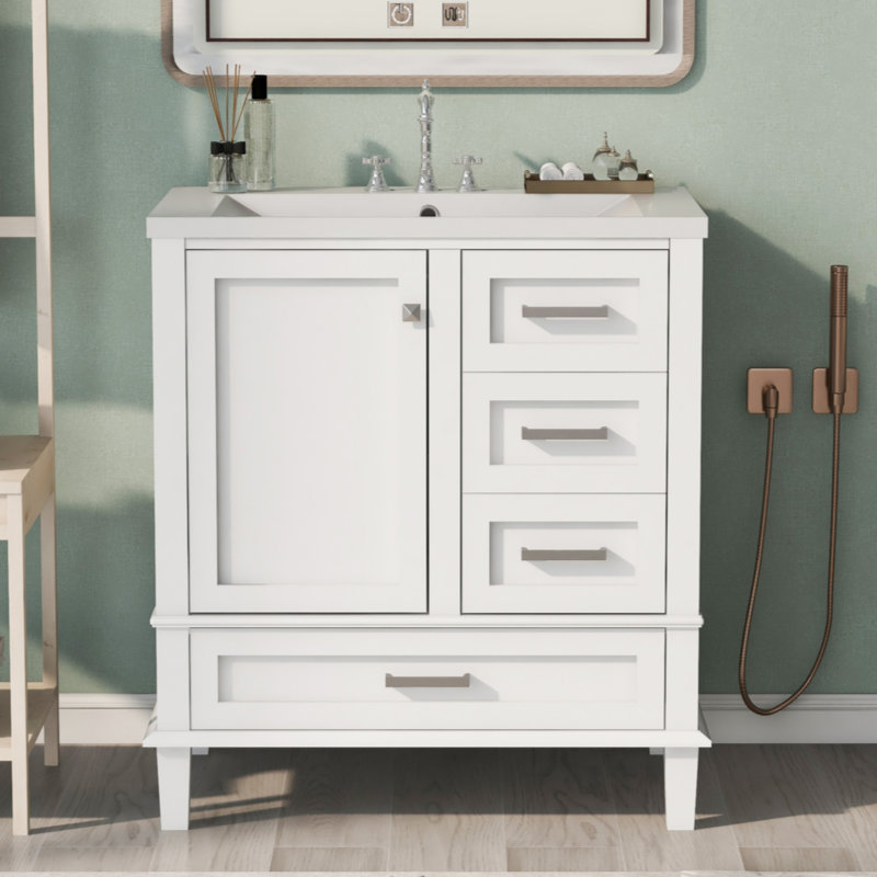 Meuble-lavabo moderne de 30 po avec ensemble de meuble-lavabo 30 po, armoire de rangement pour salle de bain avec porte à fermeture douce et 3 tiroirs, structure en bois massif [Bassin en résine]