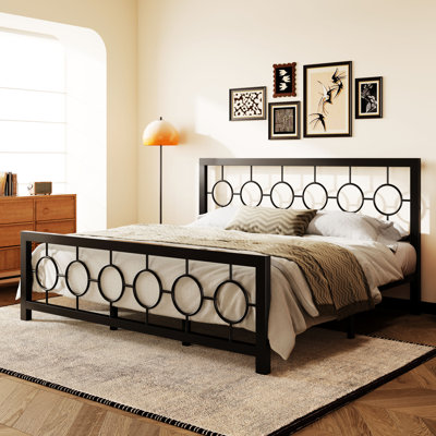 Avren Vintage Metal Platform Bed with Headboard and Footboard, Geometric Design, No Box Spring Needed
