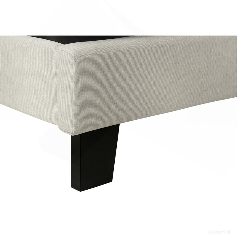 Lit, grand lit, tapissier, aspect lin beige, pieds en bois noir, transitionnel