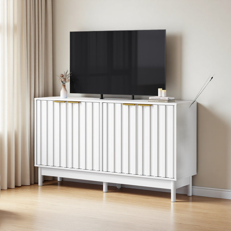 Buffet de 55 po avec rangement, buffet cannelé avec portes et tablettes réglables, console en bois et armoire-bar pour la cuisine