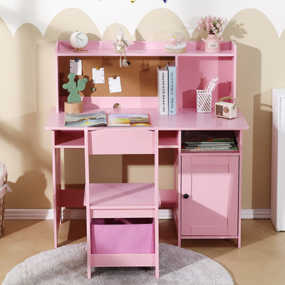 37.79" Wooden Kid Writing Desk Chair Set Cork Bulletion Board, Children Study Table With Chair by Harriet Bee
