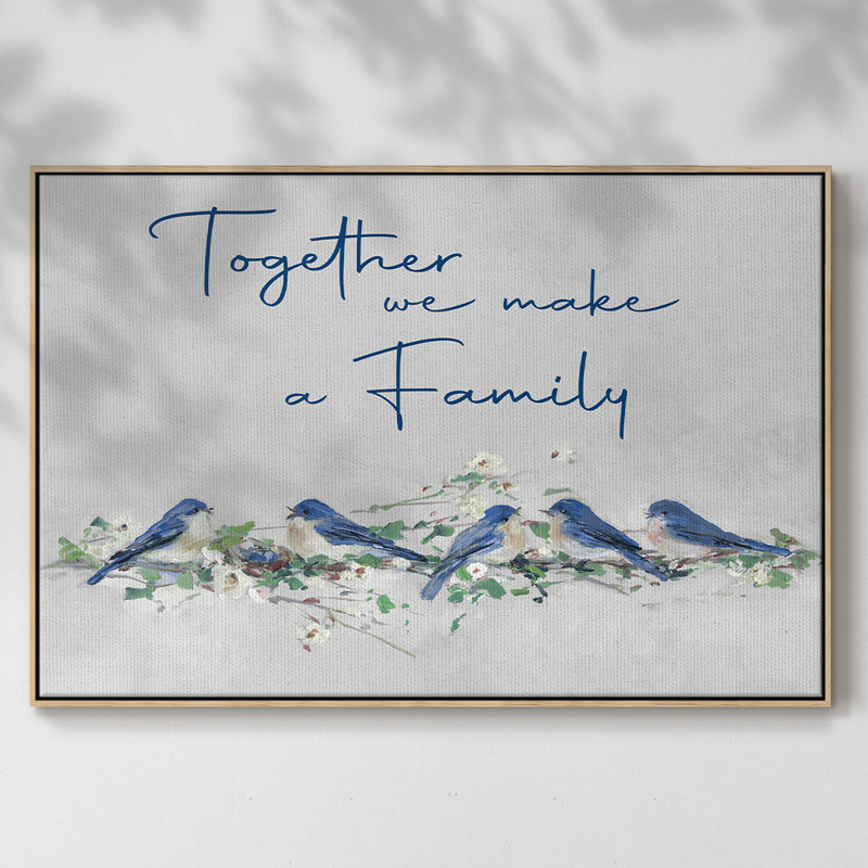 Bluebird Family, peinture sur toile encadrée, H 25 po x l 37 po x P 2 po, Cadre en bois naturel