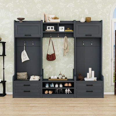 Hall Tree with Storage Cabinet, Bench, Hooks and Drawers