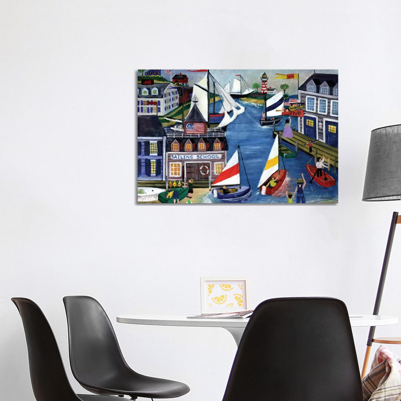 Sailing School Folk Art by Cheryl Bartley - Painting on Canvas, Wrapped Canvas, 66.04cm H x 101.6cm W x 1.91cm D