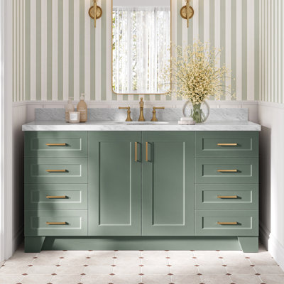 Freitas 67'' Solid Wood Single Bathroom Vanity in Vintage Green with 1.5'' Carrara Marble Top, Center, Oval Sink