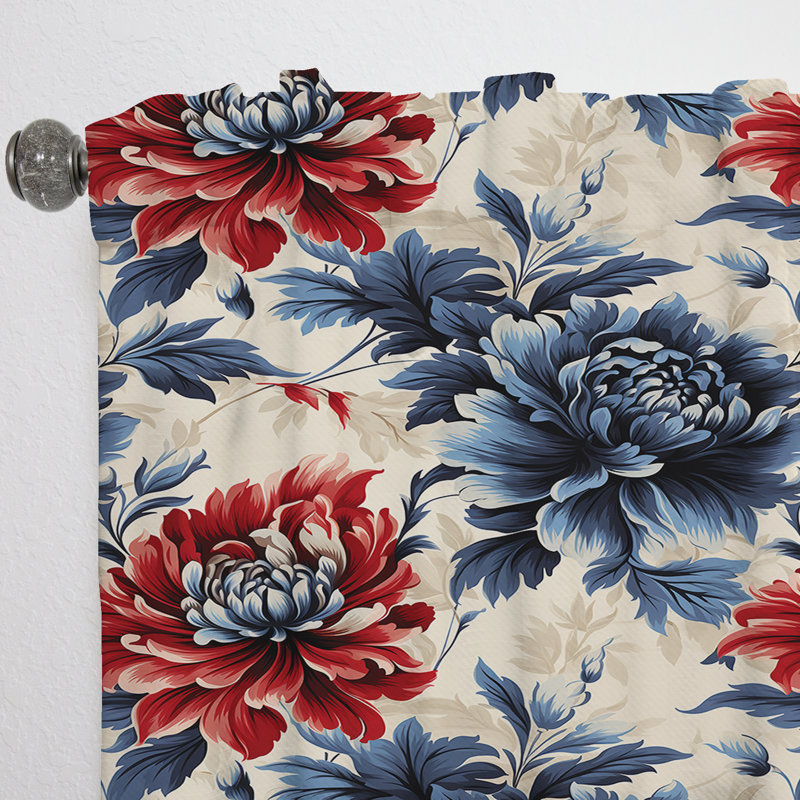 Rouge et bleu damassé fleur nostalgie - rideau damassé - rideau damas obscurcissant - 1 panneaux, L 52 po x L 120 po