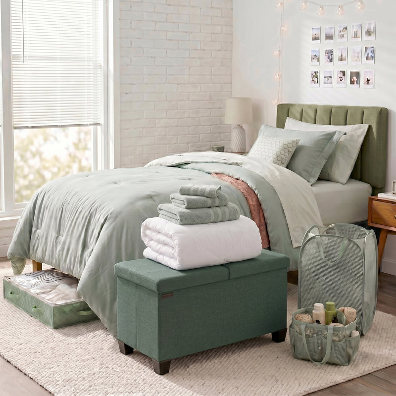 Ensemble de literie de chambre à coucher pour chambre à coucher avec lit escamotable simple et essentiel 15 pièces avec tête de lit roulée et repose-pieds avec rangement AMYX