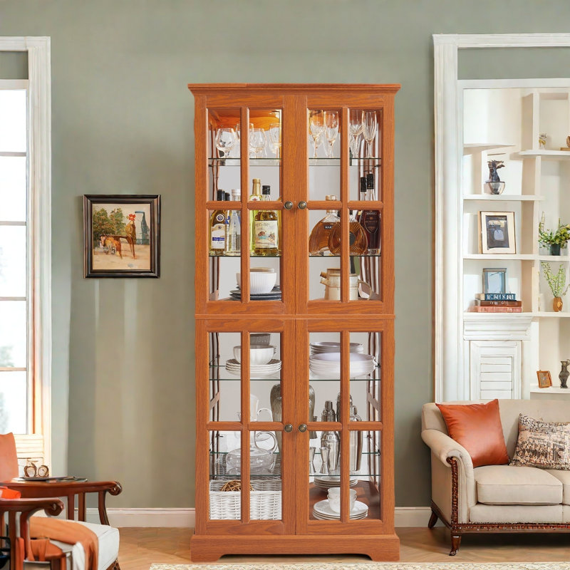 Antique Display Cabinet With 4 Glass Doors, Adjustable Shelves, Metal Embossed Handles And Integrated Lighting, Oak