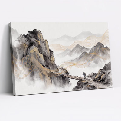 Encre lavant les montagnes avec des lignes ondulées dorées sur toile
