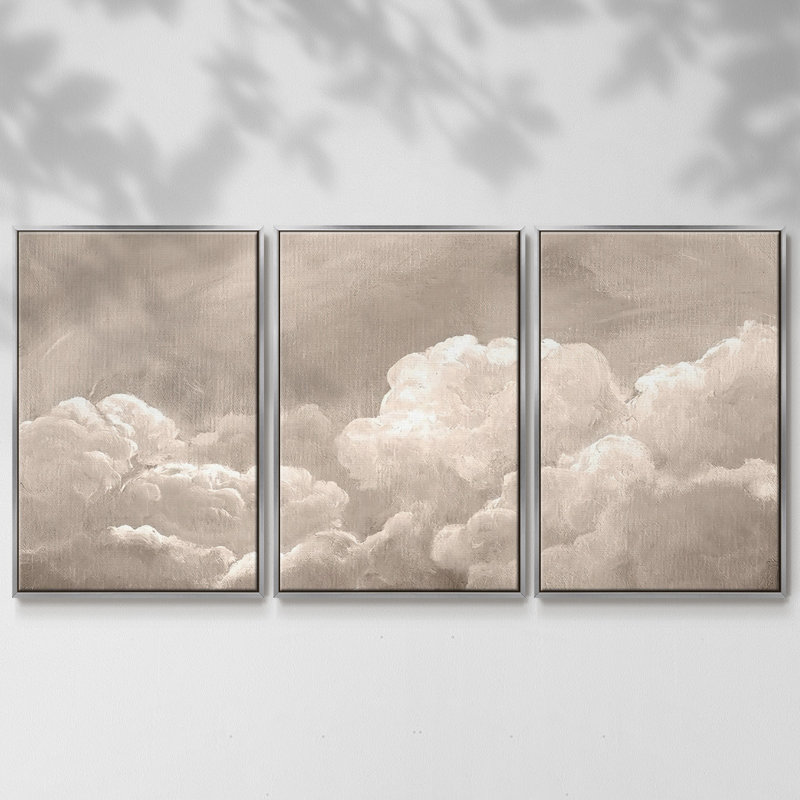 Painted Clouds I - 3 pièces avec cadre flottant, Argent, H 36 po x l 75 po x P 2 po