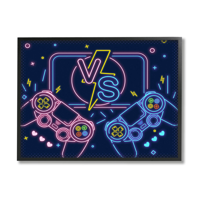 «Video Gamer Two Jouers Controllers Neon Style» par Ziwei Li - impression, Giclée encadrée noir minuit