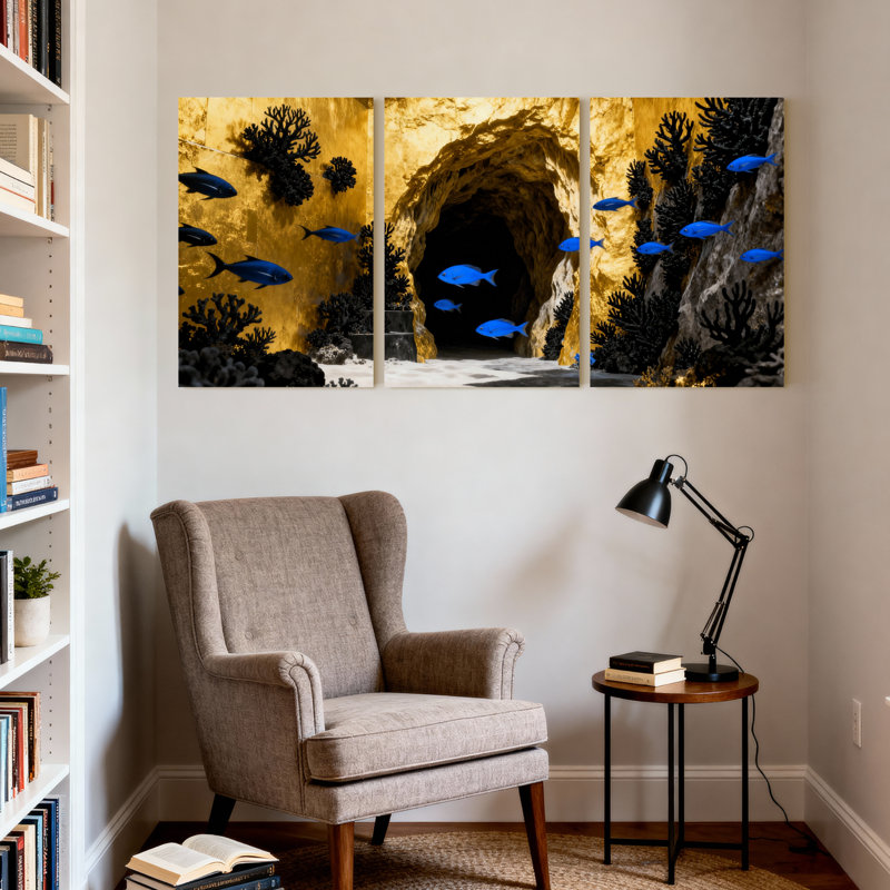 Ensemble de 3 impressions sur toile, "Underwater Cave" avec poisson bleu et corail, H 24 po x l 48 po