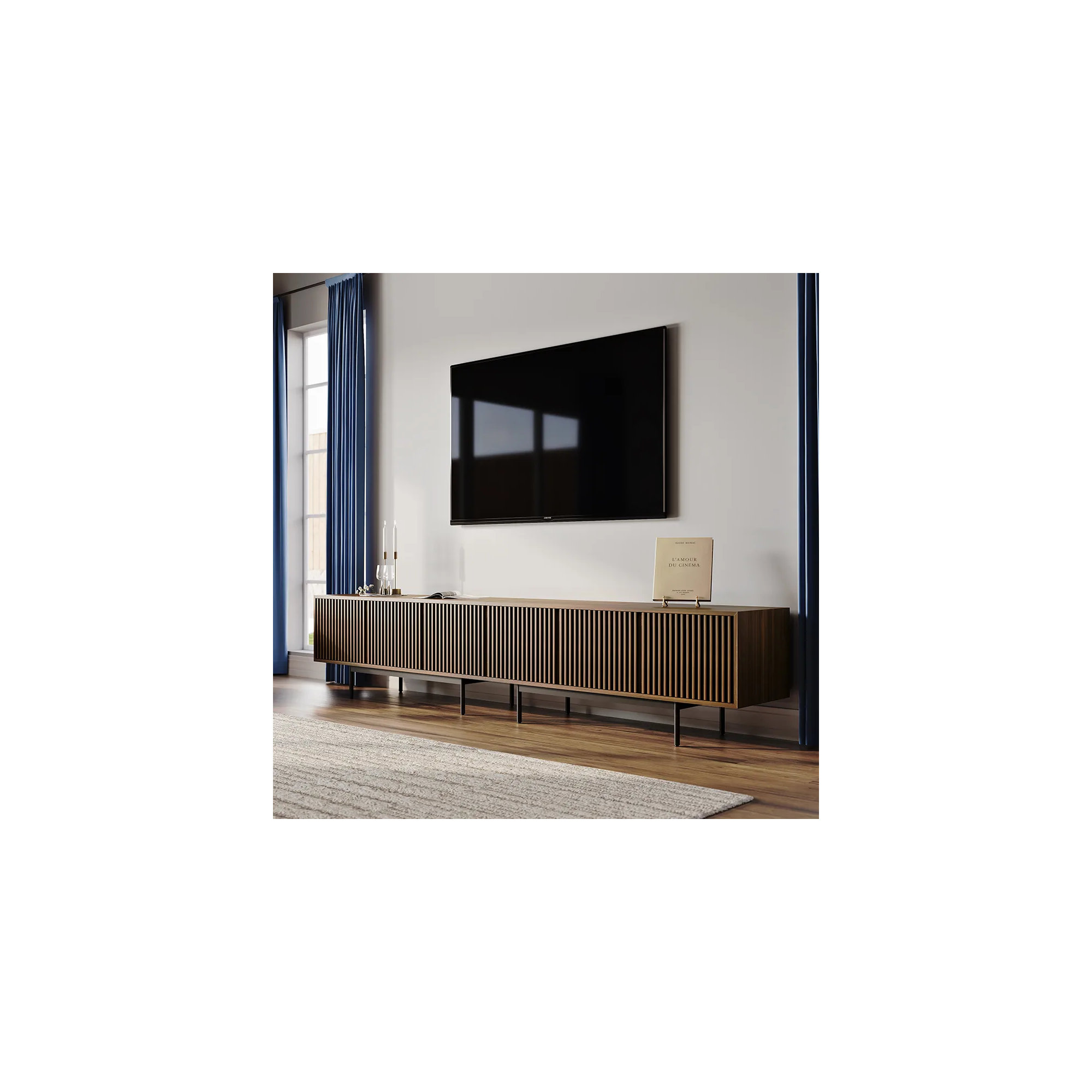 Mid-Century Modern TV Stand, 21.26" H x 118" W x 18.89" D, Walnut