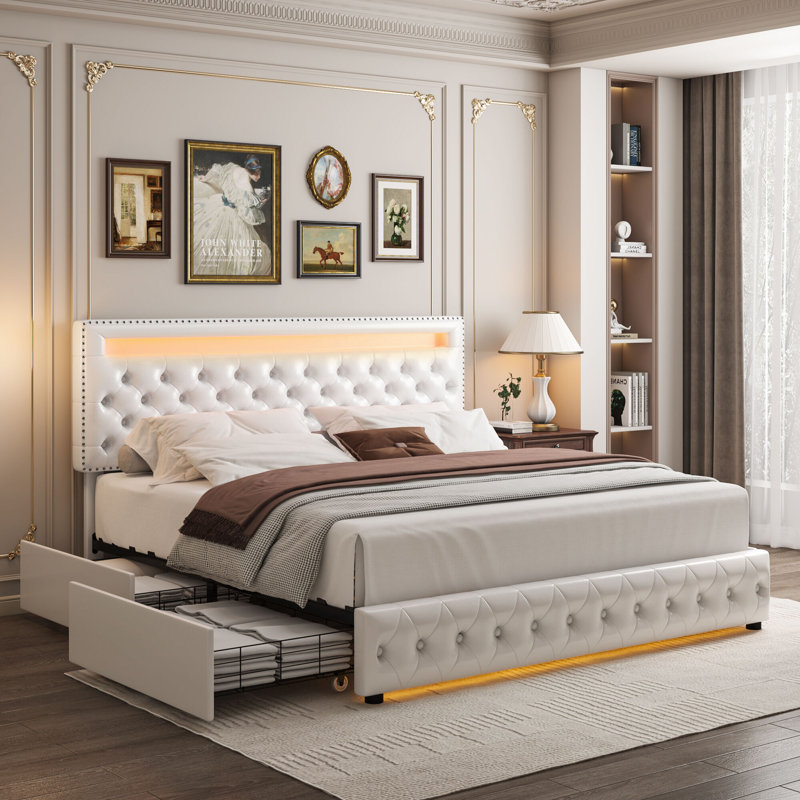 Modern Upholstered Platform Bed With 4 Storage Drawers and Led Lights, Metal Bed Frame with  Adjustable Headboard, Easy to Assembly, No Box Spring Needed,
