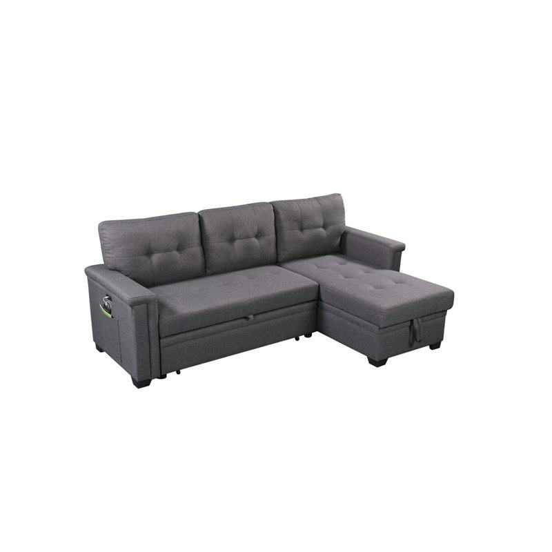 Nathan 84" Dark Gray Reversible Sleeper Sectional Sofa With Storage Chaise, Dark Gray Linen