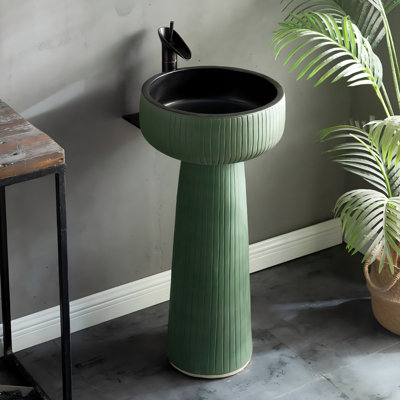 Olive‑Green Freestanding 2‑Piece Ceramic Pedestal Bathroom Sink with Vertical Fluted Texture