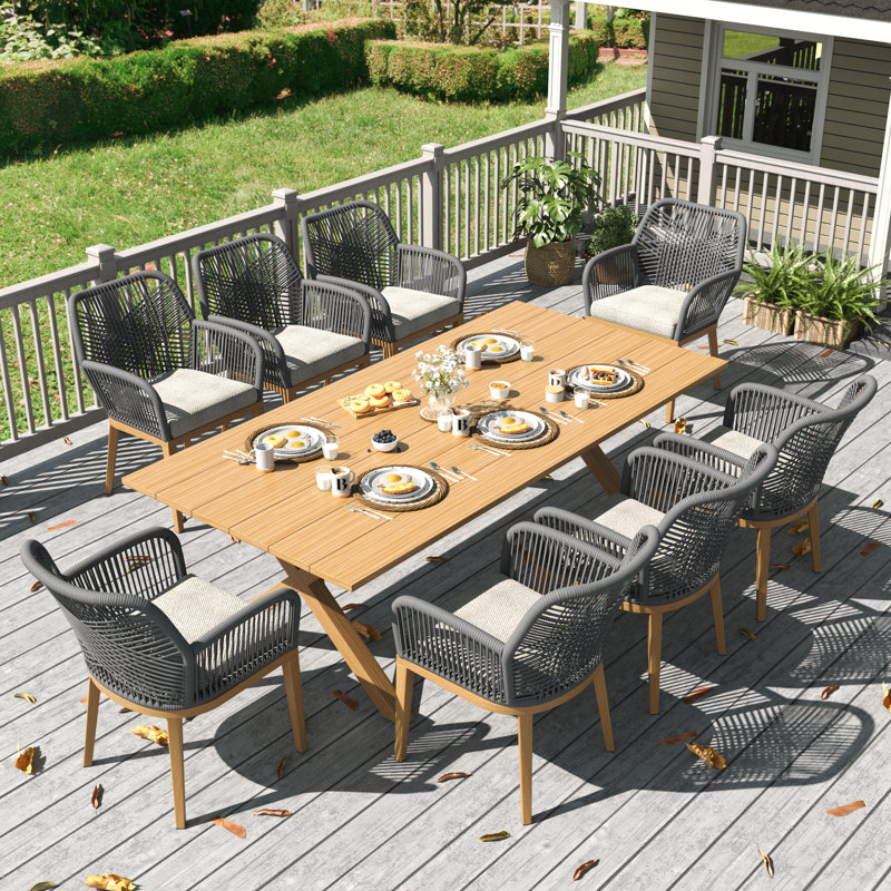 9 Pieces Outdoor Dining Set With Rectangular Dining Table And 8 Chairs, Beige, Brown, 8