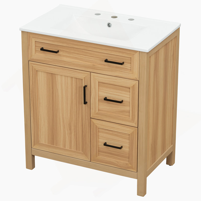 Meuble-lavabo de 30 po en bois avec cadre en bois massif, 1 porte à fermeture douce, 2 tiroirs à fermeture douce, tablette réglable, armoire de rangement moderne