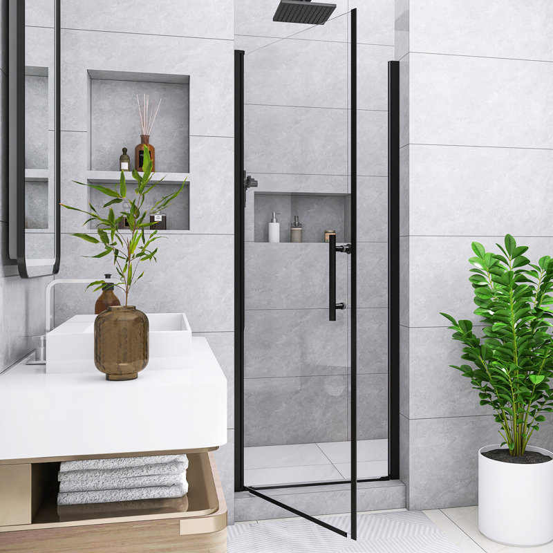 30 In. W X 75 In. H Reversible Pivot Semi-Frameless Shower Door In Matte Black Finish