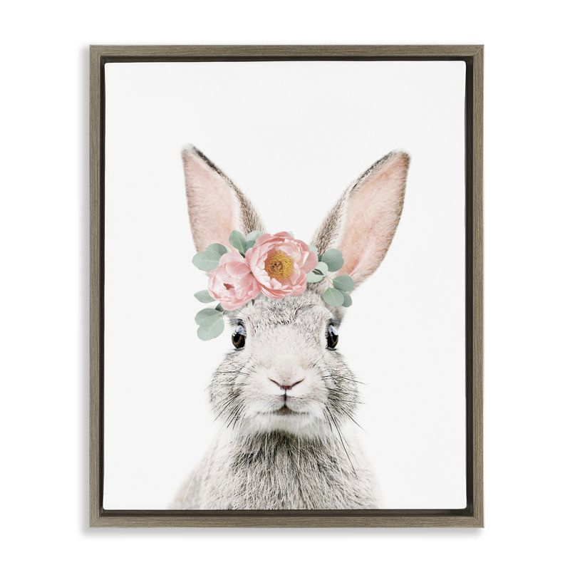"Pink Flower Bunny", art mural encadré par Sissi et Seb, Cadre flottant orme Montalcino, H 21 po x l 17 po