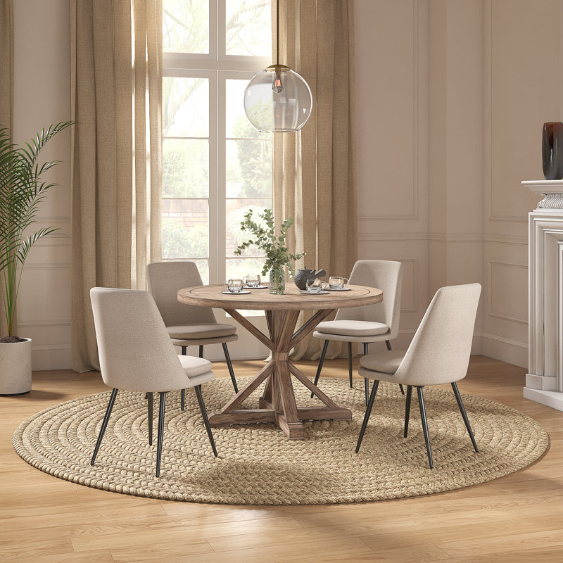 Ceri Rustic X-Base 48" Round Dining Table Set -Table And 4 Chenille Fabric Chairs, Gray,  Beige/Black
