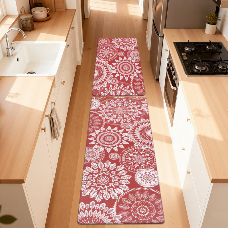 Jalissia Anti-Fatigue Non-Skid Kitchen Mat, Runner 18" x 30" + 18" x 48", Red/White/Beige