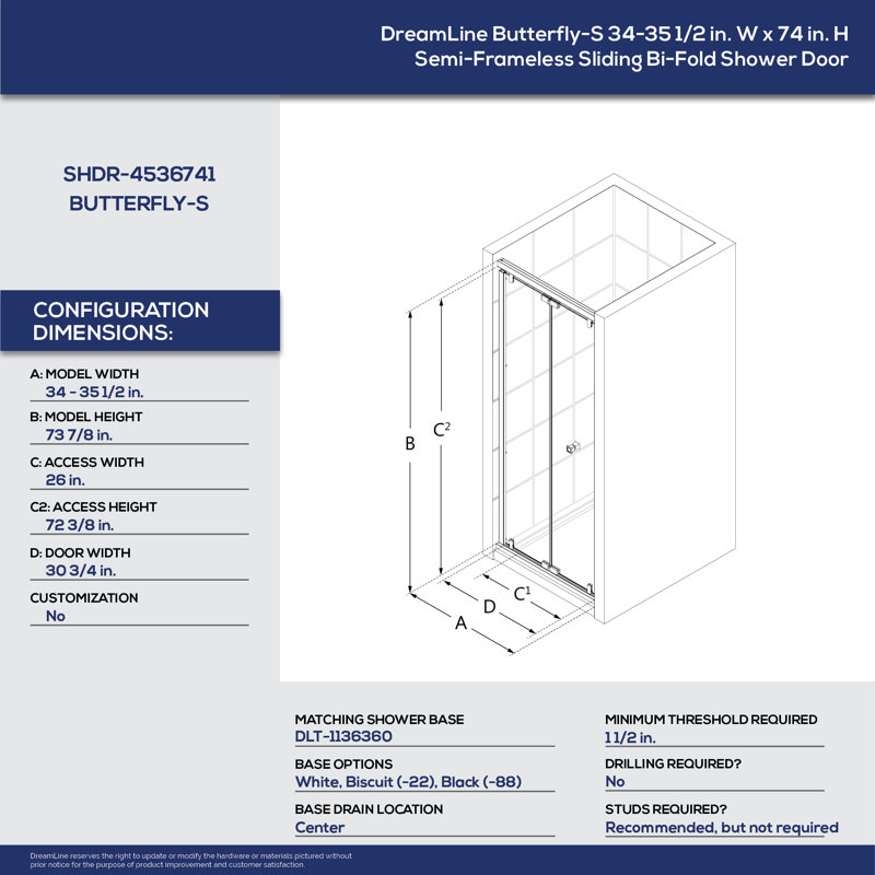Dreamline Butterfly-S 34-35 1/2 In. W X 74 In. H Semi-Frameless Sliding Bi-Fold Shower Door In Brushed Nickel, Nickel