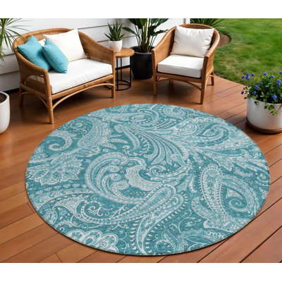 Tapis rond lavable à motif cachemire 8 pi turquoise et ivoire