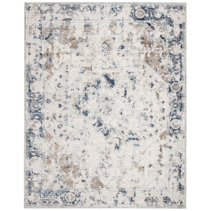 Tapis bleu / gris en viscose / coton tissé à la main Deantown, Rectangle 8 pi x 10 pi