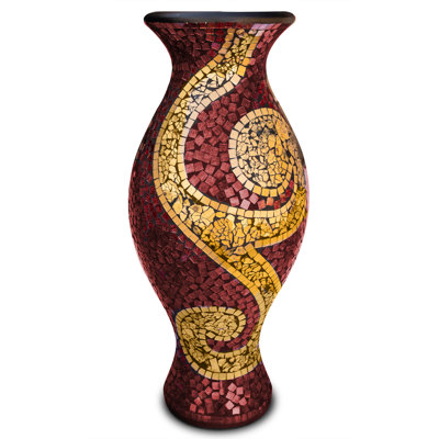 Vase de plancher Lorne, vase en mosaïque de 24 pouces - grand cylindre en terre cuite avec des pièces de mosaïque en verre rouge rubis et or - pièce décorative décorative fabriquée à la main pour chambre à coucher, salon, bureau