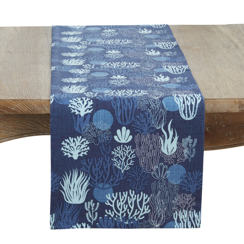 Navy Blue Nautical Sea Coral Cotton Table Runner 14" W X 72" L