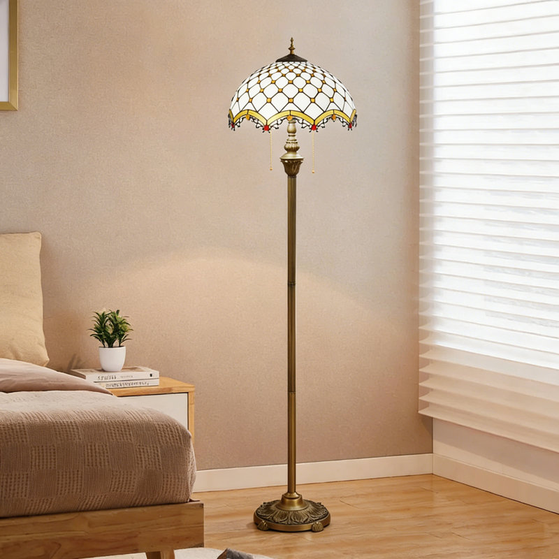 64"H Tiffany Style Floor Lamp with Stained Glass Shade and Resin Base, Brown Cross Beads
