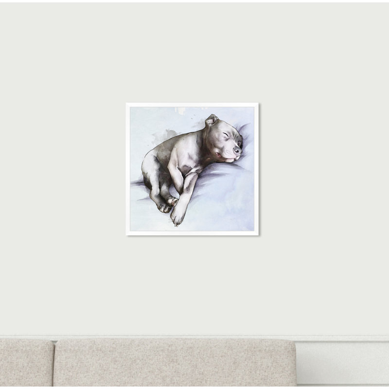 «Animals Sleeping Pitbull Dogs and Puppies», reproduction d'impression sur toile, H 14 po x l 14 po, Papier avec cadre blanc