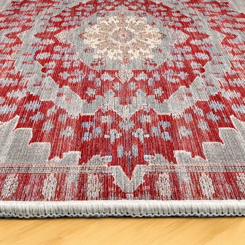 Marisol Green Red Beige Oriental Machine Printed Cotton Polyester Area Rug, Square 6'7"