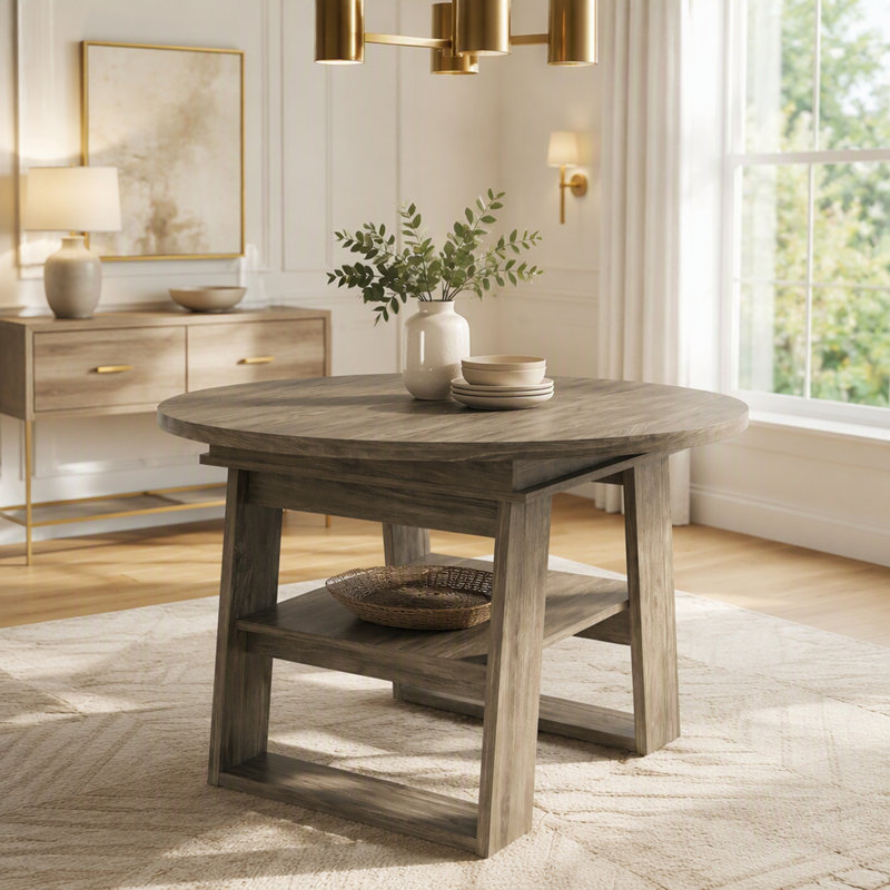 Table de salle à manger extensible ronde à ovale avec rallonge rabattable, base en forme de H et tablette de rangement, Grey