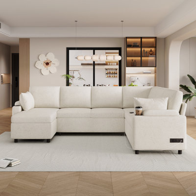 Sleeper, 109.9" Basic Sectional Sofa Sofa Versatile Sofa Bed Sofa  U-Shaped Sofa With Ample Storage Space, Two Cup Holders And Charging Ports