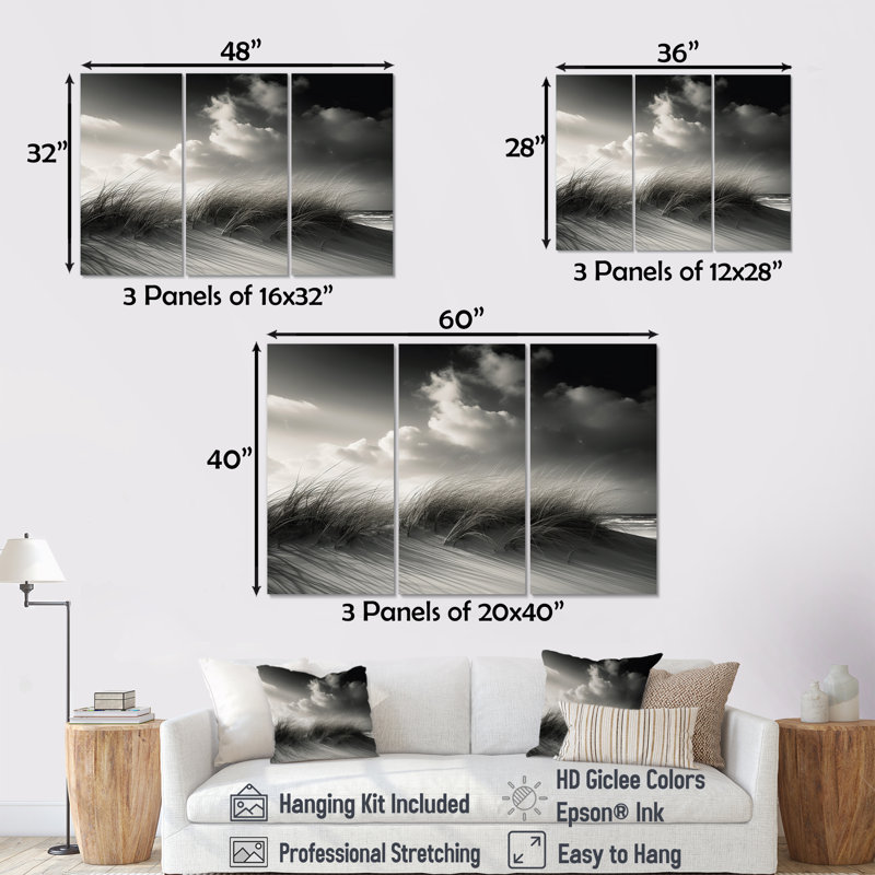 «Black and White Beach Sand Grass Senery - Coastal Beach», ensemble d'art sur toile, H 28 po x l 36 po x P 1 po, Toile tendue